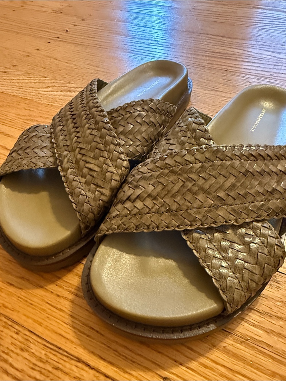 Anthropologie Woven Leather Crossband Slide Sandals in Tan and Olive - Picture 7 of 10